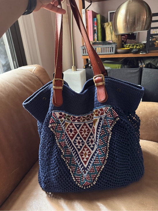 Elliot Mann Handbags - Elliot Mann Crochet Tote w Beaded bells fringe tassel net mesh summer leather